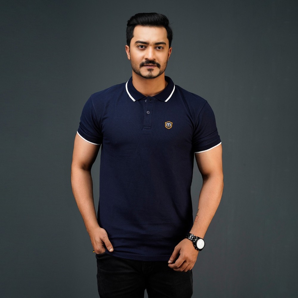 Men's Solid Texture Polo Shirt- Navy